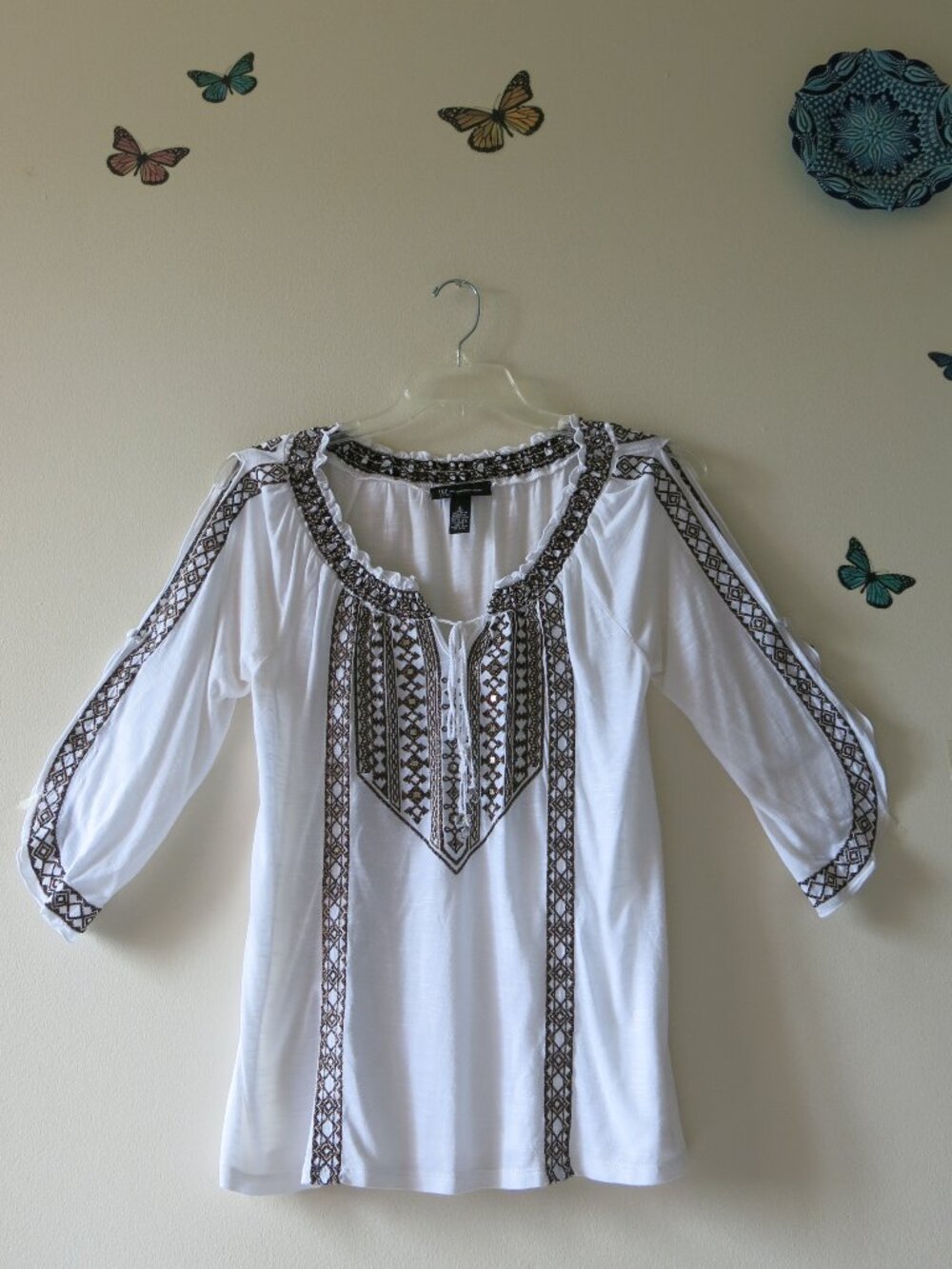 INC International Concepts Bohemian Embroidery Artistic Peasant Blouse Size S